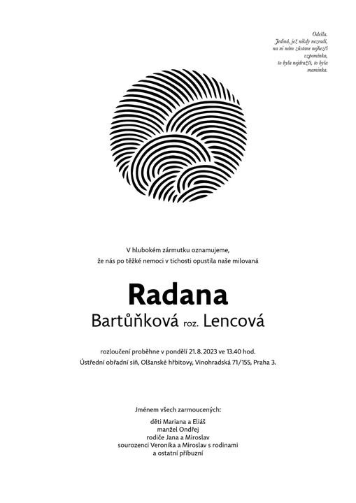 Zemřela Radana Bartůňková roz. Lencová